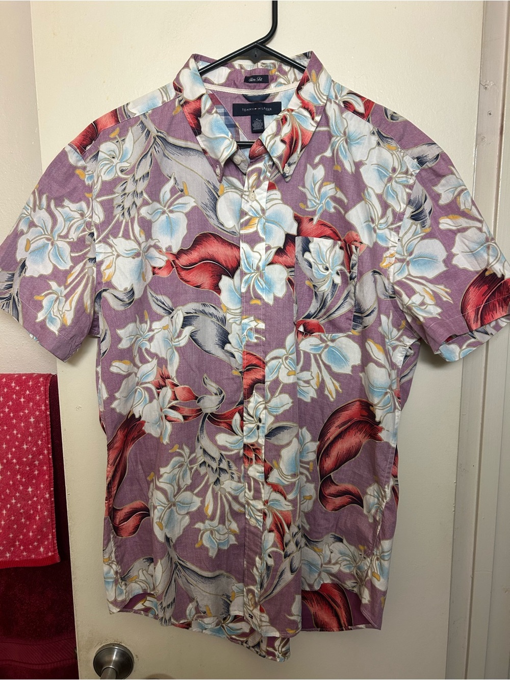 Tommy Hilfiger Lavender Floral Short-Sleeve Slim Fit Button-Up Shirt XL